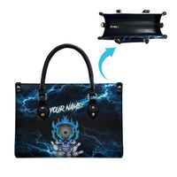 Personalized Bowling Skull Leather Bag with Blue Flame Energy and Electric Lightning Strike Pattern - Wonder Print Shop
