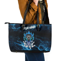 Personalized Bowling Skull Leather Tote Bag with Blue Flame Energy and Electric Lightning Strike Pattern - Wonder Print Shop