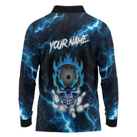Personalized Bowling Skull Long Sleeve Polo Shirt with Blue Flame Energy and Electric Lightning Strike Pattern - Wonder Print Shop