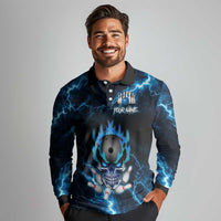 Personalized Bowling Skull Long Sleeve Polo Shirt with Blue Flame Energy and Electric Lightning Strike Pattern - Wonder Print Shop