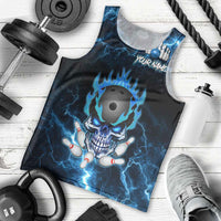 Personalized Bowling Skull Men Tank Top with Blue Flame Energy and Electric Lightning Strike Pattern - Wonder Print Shop
