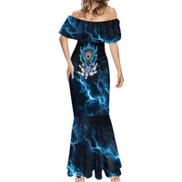 Personalized Bowling Skull Mermaid Dress with Blue Flame Energy and Electric Lightning Strike Pattern - Wonder Print Shop