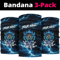 Personalized Bowling Skull Neck Gaiter with Blue Flame Energy and Electric Lightning Strike Pattern - Wonder Print Shop