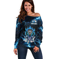 Personalized Bowling Skull Off Shoulder Sweater with Blue Flame Energy and Electric Lightning Strike Pattern - Wonder Print Shop