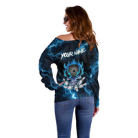 Personalized Bowling Skull Off Shoulder Sweater with Blue Flame Energy and Electric Lightning Strike Pattern - Wonder Print Shop