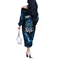 Personalized Bowling Skull Off The Shoulder Long Sleeve Dress with Blue Flame Energy and Electric Lightning Strike Pattern - Wonder Print Shop