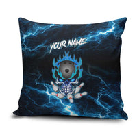 Personalized Bowling Skull Pillow Cover with Blue Flame Energy and Electric Lightning Strike Pattern - Wonder Print Shop