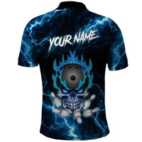 Personalized Bowling Skull Polo Shirt with Blue Flame Energy and Electric Lightning Strike Pattern - Wonder Print Shop