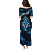 Personalized Bowling Skull Puletasi with Blue Flame Energy and Electric Lightning Strike Pattern - Wonder Print Shop