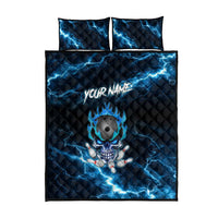 Personalized Bowling Skull Quilt Bed Set with Blue Flame Energy and Electric Lightning Strike Pattern - Wonder Print Shop