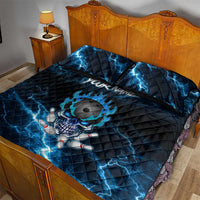 Personalized Bowling Skull Quilt Bed Set with Blue Flame Energy and Electric Lightning Strike Pattern - Wonder Print Shop