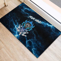 Personalized Bowling Skull Rubber Doormat with Blue Flame Energy and Electric Lightning Strike Pattern - Wonder Print Shop