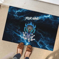 Personalized Bowling Skull Rubber Doormat with Blue Flame Energy and Electric Lightning Strike Pattern - Wonder Print Shop