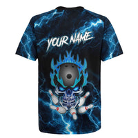 Personalized Bowling Skull Rugby Jersey with Blue Flame Energy and Electric Lightning Strike Pattern - Wonder Print Shop