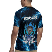 Personalized Bowling Skull Rugby Jersey with Blue Flame Energy and Electric Lightning Strike Pattern - Wonder Print Shop