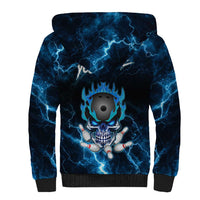 Personalized Bowling Skull Sherpa Hoodie with Blue Flame Energy and Electric Lightning Strike Pattern - Wonder Print Shop