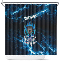 Personalized Bowling Skull Shower Curtain with Blue Flame Energy and Electric Lightning Strike Pattern - Wonder Print Shop