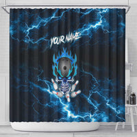 Personalized Bowling Skull Shower Curtain with Blue Flame Energy and Electric Lightning Strike Pattern - Wonder Print Shop