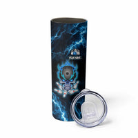 Personalized Bowling Skull Skinny Tumbler with Blue Flame Energy and Electric Lightning Strike Pattern - Wonder Print Shop