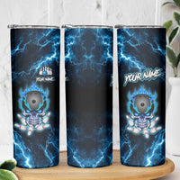 Personalized Bowling Skull Skinny Tumbler with Blue Flame Energy and Electric Lightning Strike Pattern - Wonder Print Shop