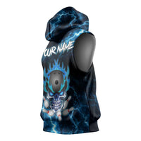 Personalized Bowling Skull Sleeveless Hoodie with Blue Flame Energy and Electric Lightning Strike Pattern - Wonder Print Shop