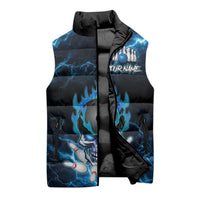 Personalized Bowling Skull Sleeveless Puffer Jacket with Blue Flame Energy and Electric Lightning Strike Pattern - Wonder Print Shop