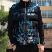 Personalized Bowling Skull Sleeveless Puffer Jacket with Blue Flame Energy and Electric Lightning Strike Pattern - Wonder Print Shop