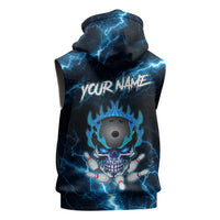Personalized Bowling Skull Sleeveless Zip Hoodie with Blue Flame Energy and Electric Lightning Strike Pattern - Wonder Print Shop