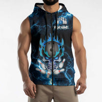 Personalized Bowling Skull Sleeveless Zip Hoodie with Blue Flame Energy and Electric Lightning Strike Pattern - Wonder Print Shop