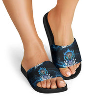 Personalized Bowling Skull Slide Sandals with Blue Flame Energy and Electric Lightning Strike Pattern - Wonder Print Shop