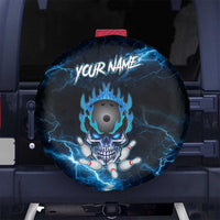 Personalized Bowling Skull Spare Tire Cover with Blue Flame Energy and Electric Lightning Strike Pattern - Wonder Print Shop