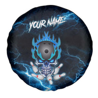 Personalized Bowling Skull Spare Tire Cover with Blue Flame Energy and Electric Lightning Strike Pattern - Wonder Print Shop
