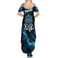 Personalized Bowling Skull Summer Maxi Dress with Blue Flame Energy and Electric Lightning Strike Pattern - Wonder Print Shop
