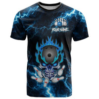 Personalized Bowling Skull T Shirt with Blue Flame Energy and Electric Lightning Strike Pattern - Wonder Print Shop