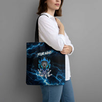 Personalized Bowling Skull Tote Bag with Blue Flame Energy and Electric Lightning Strike Pattern - Wonder Print Shop