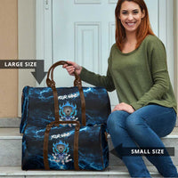 Personalized Bowling Skull Travel Bag with Blue Flame Energy and Electric Lightning Strike Pattern - Wonder Print Shop