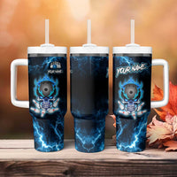 Personalized Bowling Skull Tumbler With Handle with Blue Flame Energy and Electric Lightning Strike Pattern - Wonder Print Shop