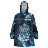 Personalized Bowling Skull Wearable Blanket Hoodie with Blue Flame Energy and Electric Lightning Strike Pattern - Wonder Print Shop