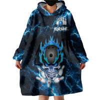 Personalized Bowling Skull Wearable Blanket Hoodie with Blue Flame Energy and Electric Lightning Strike Pattern - Wonder Print Shop