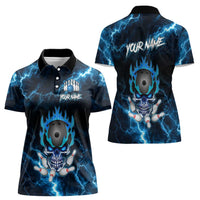 Personalized Bowling Skull Women Polo Shirt with Blue Flame Energy and Electric Lightning Strike Pattern - Wonder Print Shop