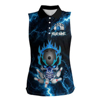 Personalized Bowling Skull Women Sleeveless Polo Shirt with Blue Flame Energy and Electric Lightning Strike Pattern - Wonder Print Shop
