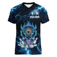 Personalized Bowling Skull Women V-Neck T-Shirt with Blue Flame Energy and Electric Lightning Strike Pattern - Wonder Print Shop