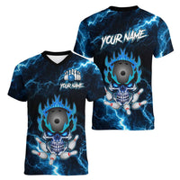 Personalized Bowling Skull Women V-Neck T-Shirt with Blue Flame Energy and Electric Lightning Strike Pattern - Wonder Print Shop