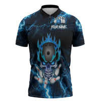 Personalized Bowling Skull Zipper Polo Shirt with Blue Flame Energy and Electric Lightning Strike Pattern - Wonder Print Shop