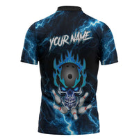 Personalized Bowling Skull Zipper Polo Shirt with Blue Flame Energy and Electric Lightning Strike Pattern - Wonder Print Shop