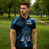 Personalized Bowling Skull Zipper Polo Shirt with Blue Flame Energy and Electric Lightning Strike Pattern - Wonder Print Shop