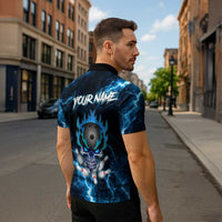 Personalized Bowling Skull Zipper Polo Shirt with Blue Flame Energy and Electric Lightning Strike Pattern - Wonder Print Shop