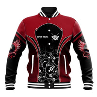Personalized Billiards Eight Ball Baseball Jacket with Red Wing Emblem and Black Gradient Bubble Pattern - Wonder Print Shop