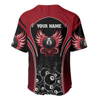 Personalized Billiards Eight Ball Baseball Jersey with Red Wing Emblem and Black Gradient Bubble Pattern - Wonder Print Shop