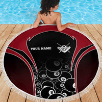 Personalized Billiards Eight Ball Beach Blanket with Red Wing Emblem and Black Gradient Bubble Pattern - Wonder Print Shop